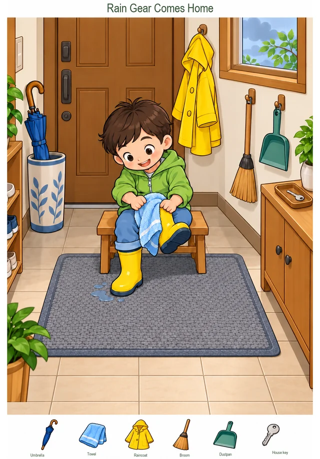 Putting Rain Gear Away After a Spring Shower colorful hidden picture puzzle preview