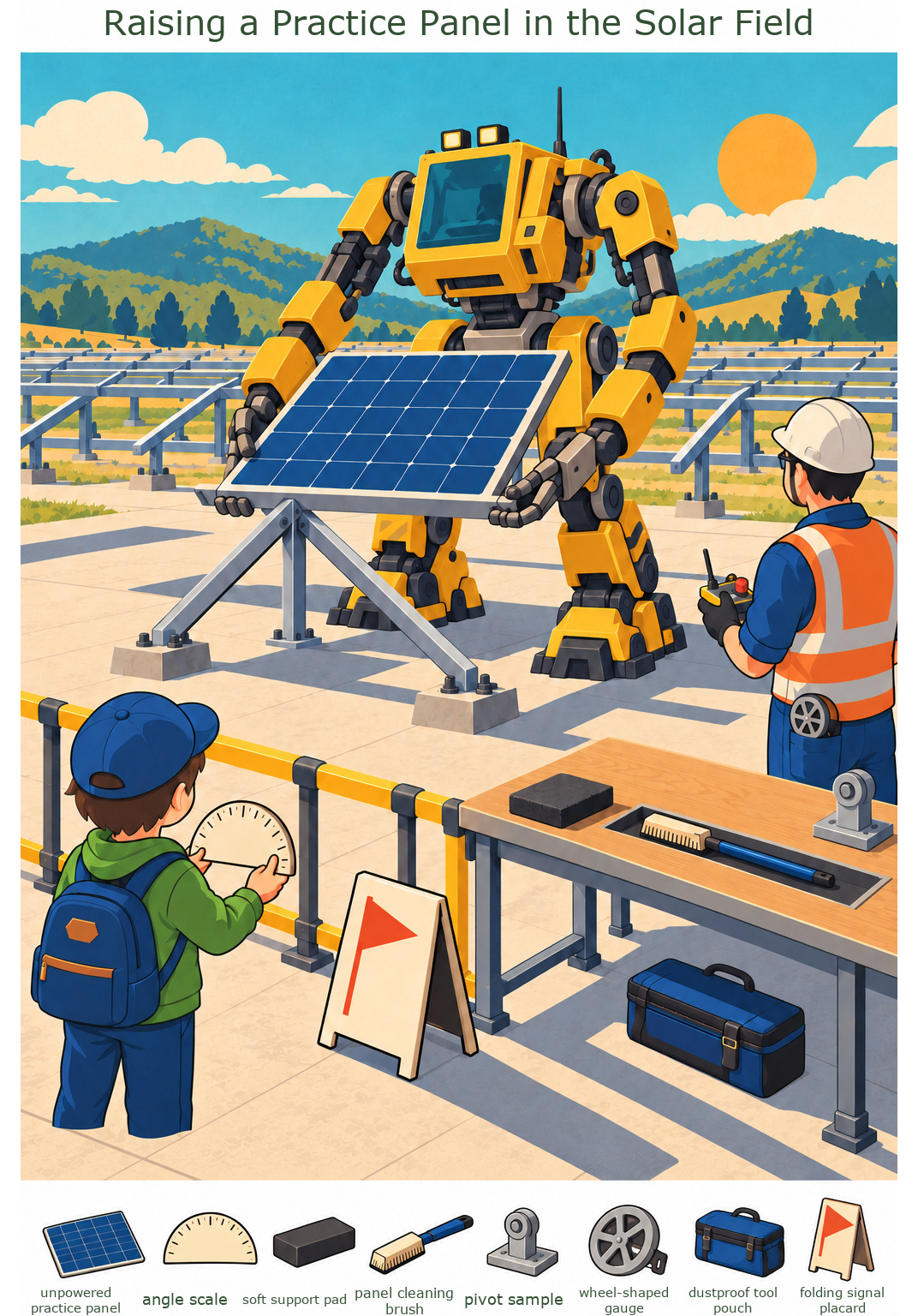 Raising a Practice Panel in the Solar Field – full-color hidden picture puzzle with 8 objects to find