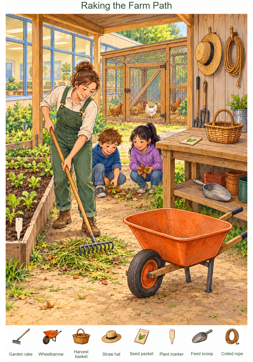 Raking the Farm Path – full-color hidden picture puzzle with 8 objects to find