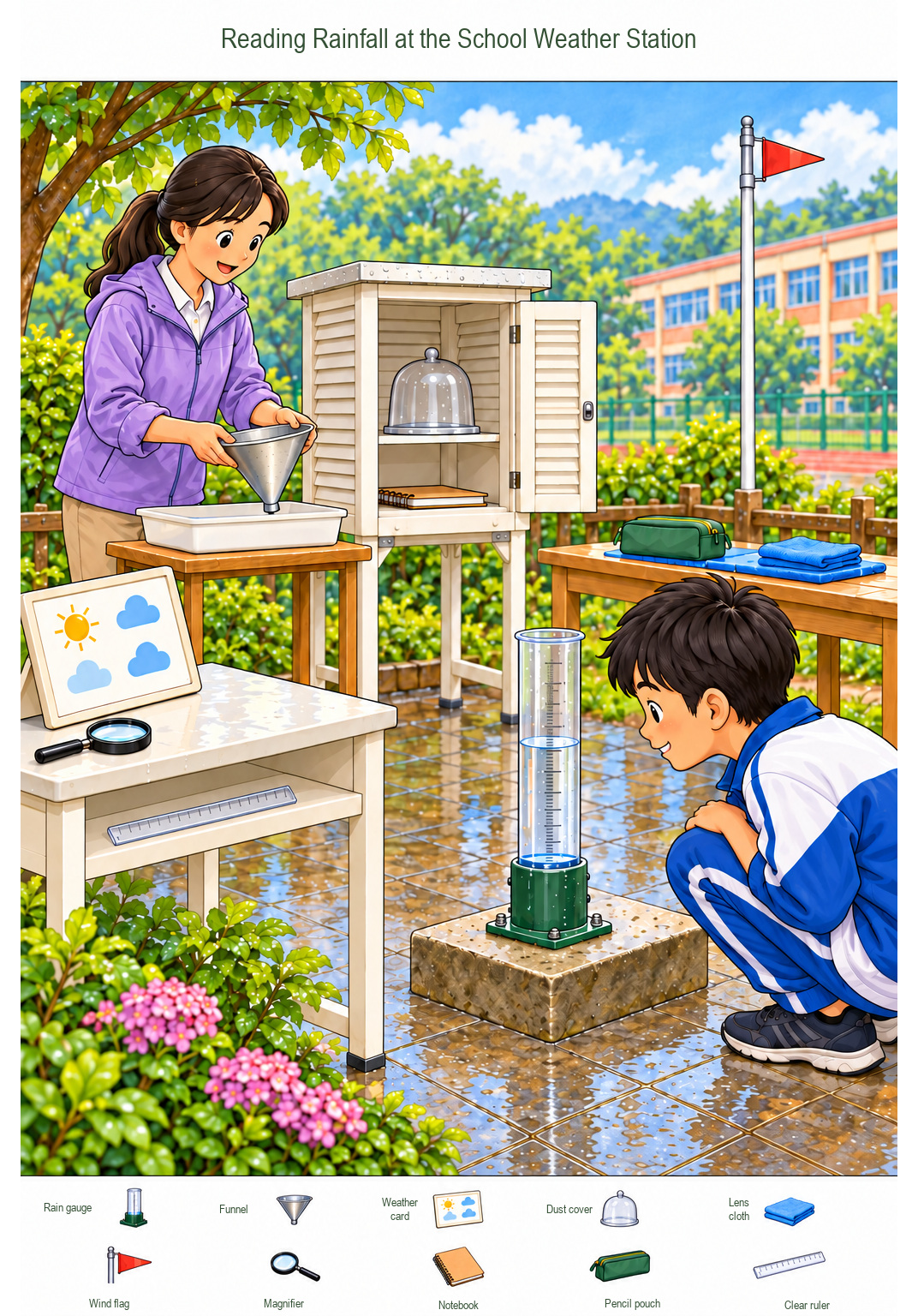 Reading Rainfall at the School Weather Station – full-color hidden picture puzzle with 10 objects to find