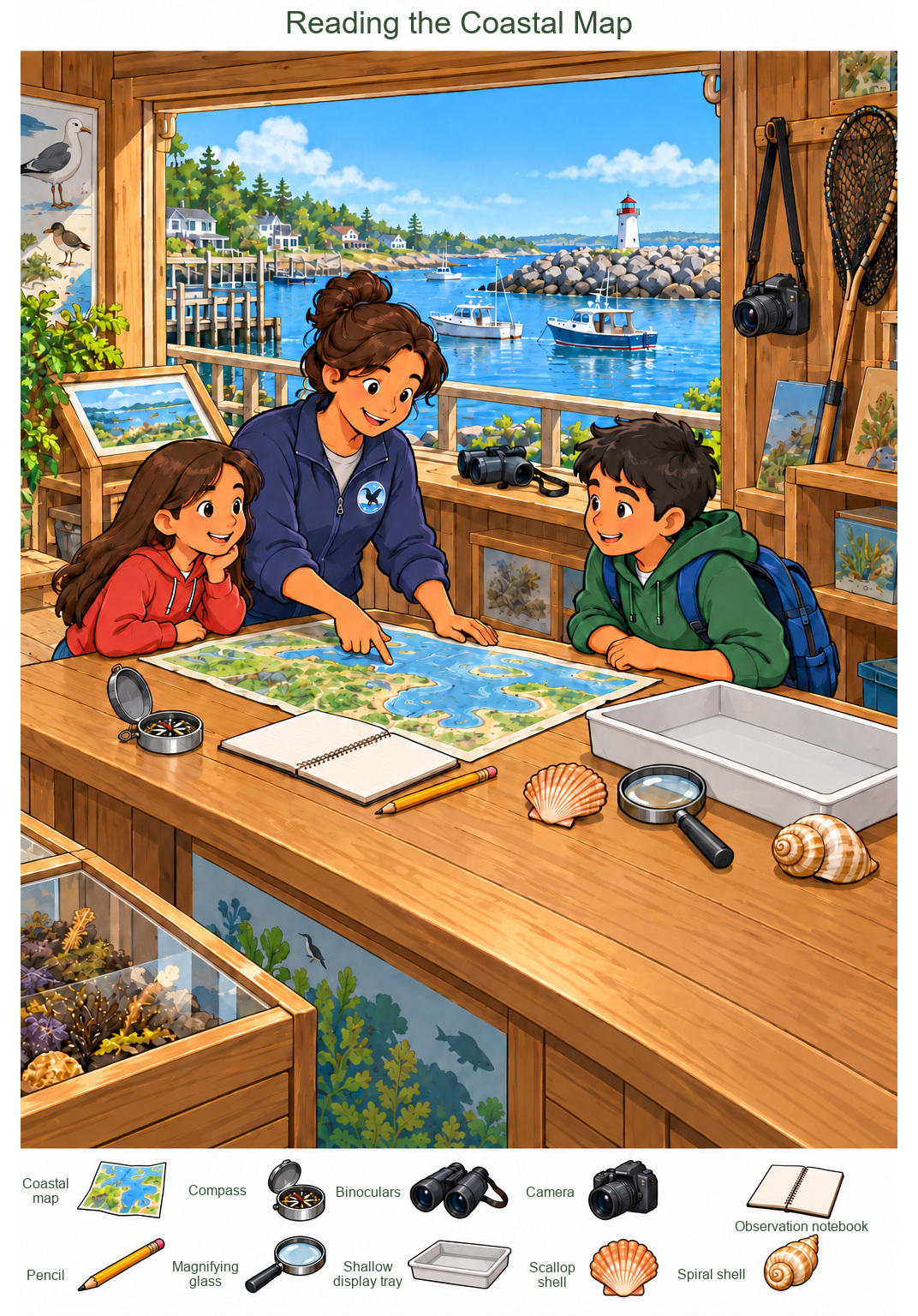Reading the Coastal Map – full-color hidden picture puzzle with 10 objects to find