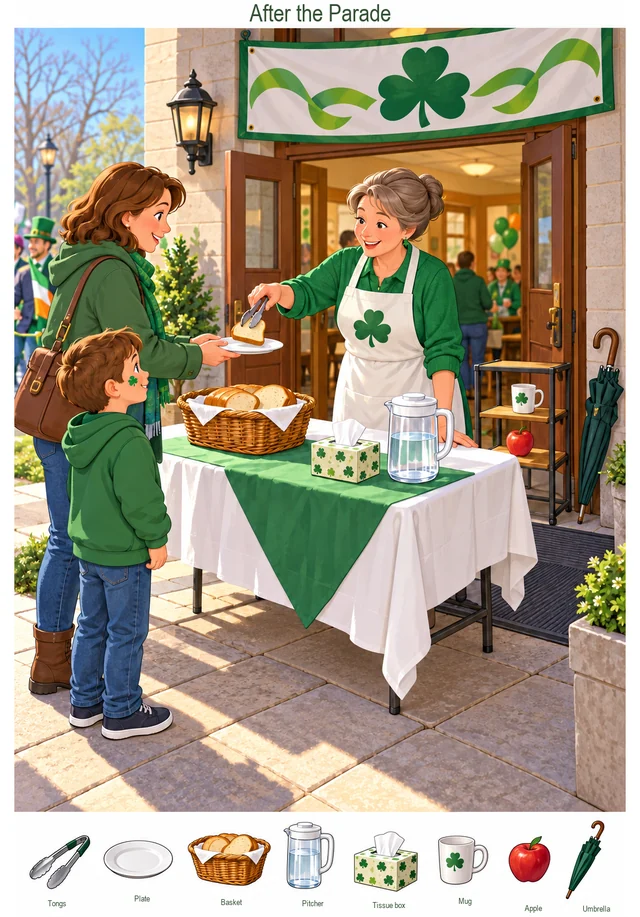 Refreshments after the St. Patrick's Parade colorful hidden picture puzzle preview