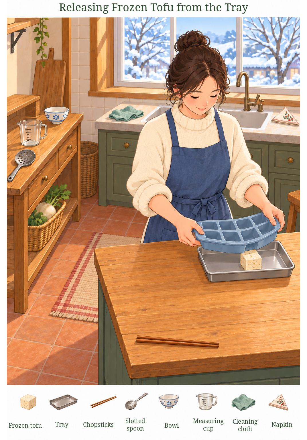 Releasing Frozen Tofu from the Tray – full-color hidden picture puzzle with 8 objects to find