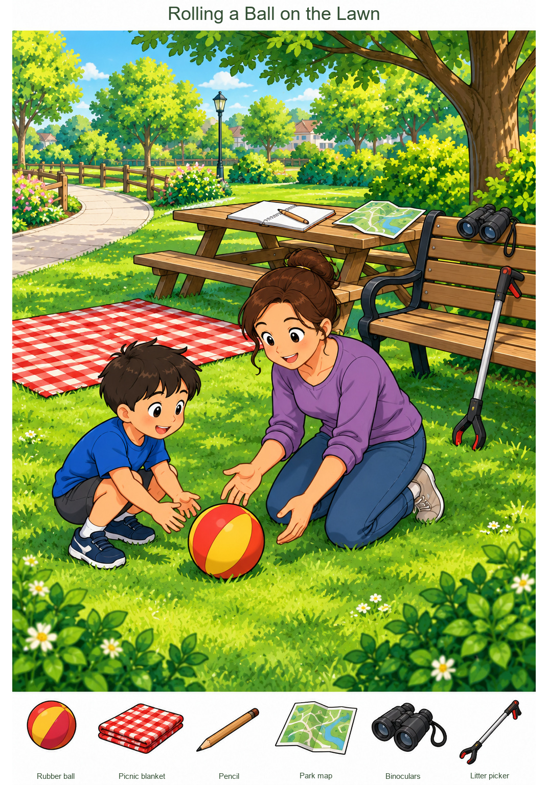 Rolling a Ball on the Lawn – full-color hidden picture puzzle with 6 objects to find