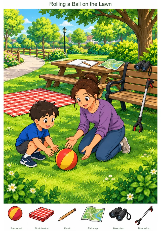 Rolling a Ball on the Lawn colorful hidden picture puzzle preview