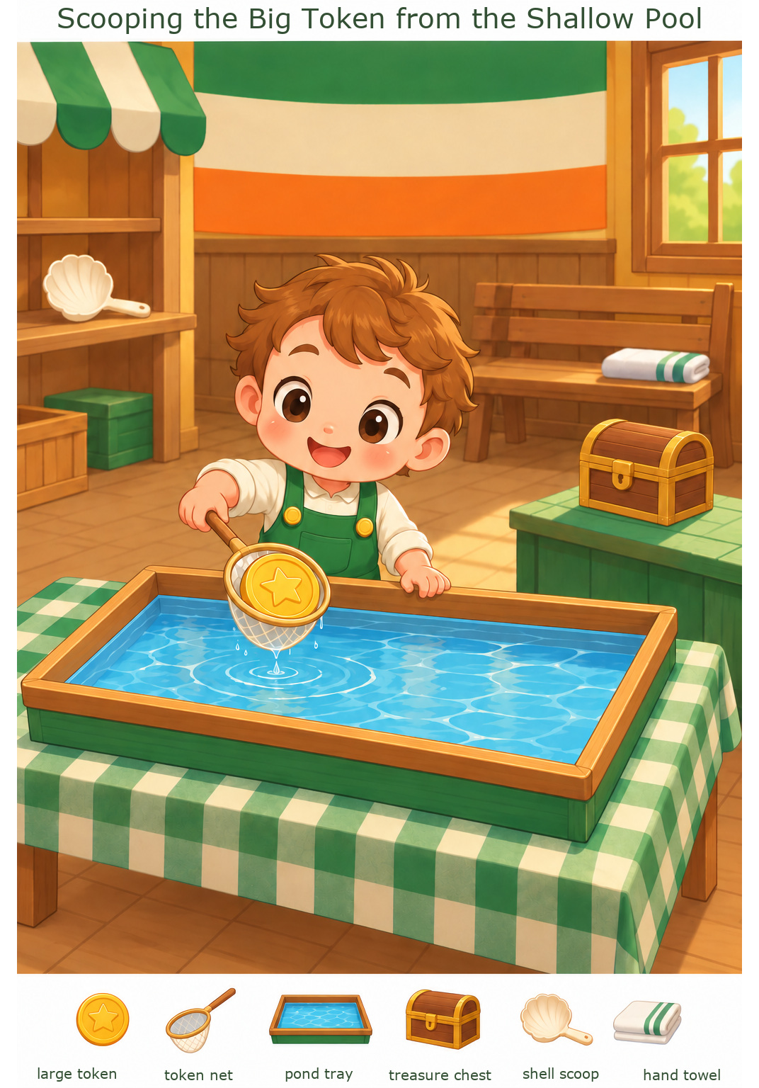 Scooping the Big Token from the Shallow Pool – full-color hidden picture puzzle with 6 objects to find