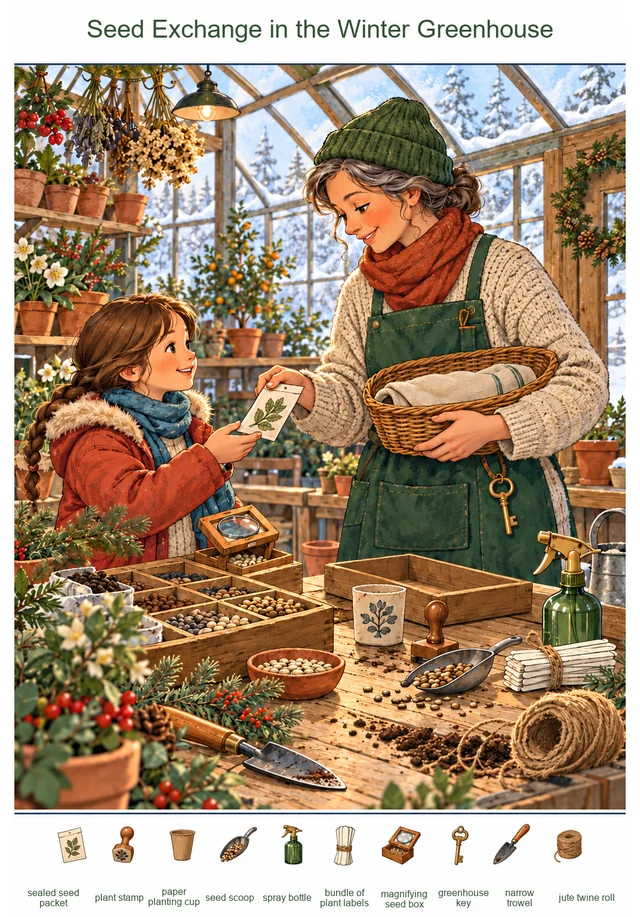 Seed Exchange in the Winter Greenhouse colorful hidden picture puzzle preview