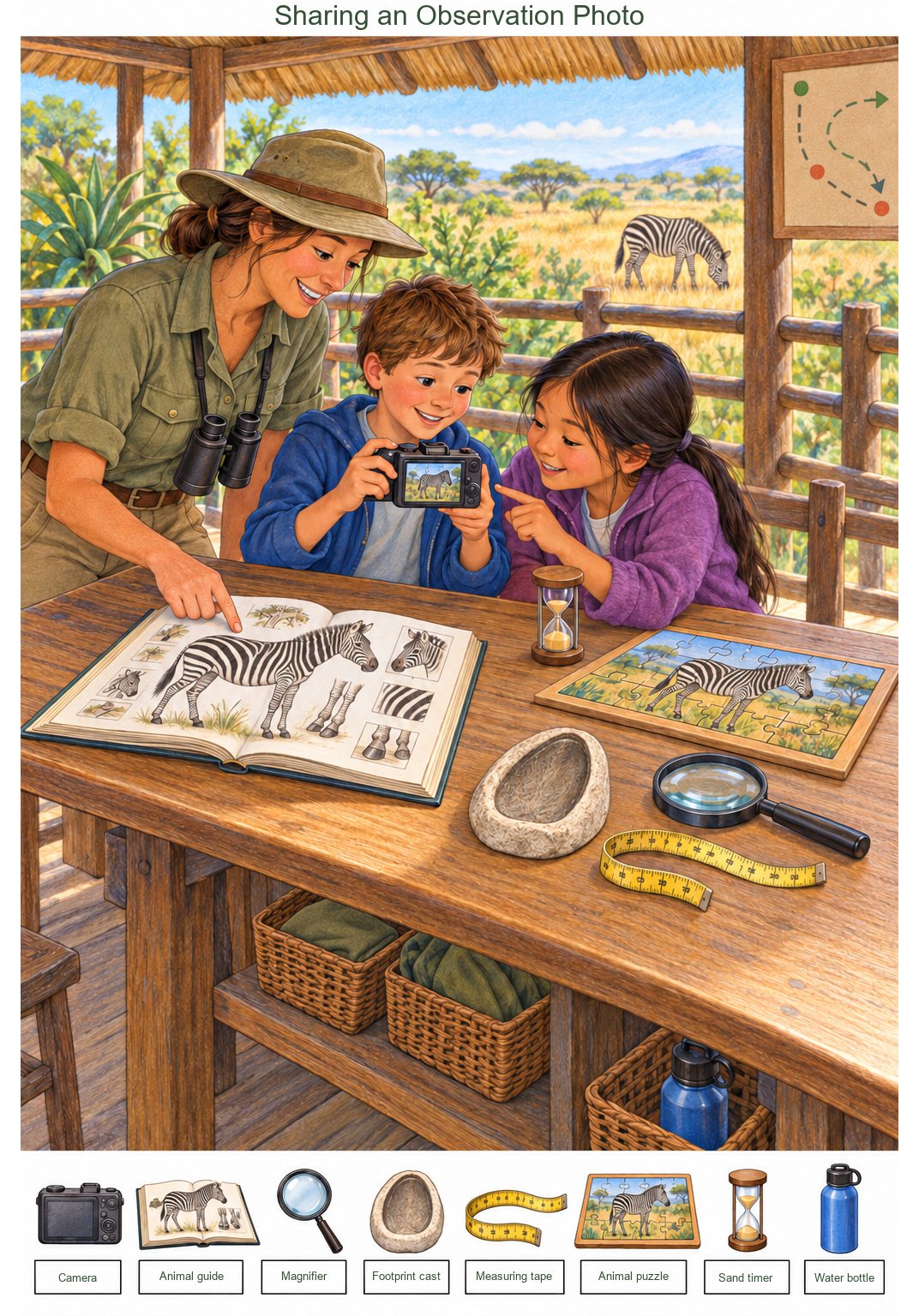 Sharing an Observation Photo – full-color hidden picture puzzle with 8 objects to find
