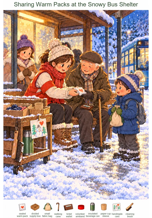 Sharing Warm Packs at the Snowy Bus Shelter colorful hidden picture puzzle preview