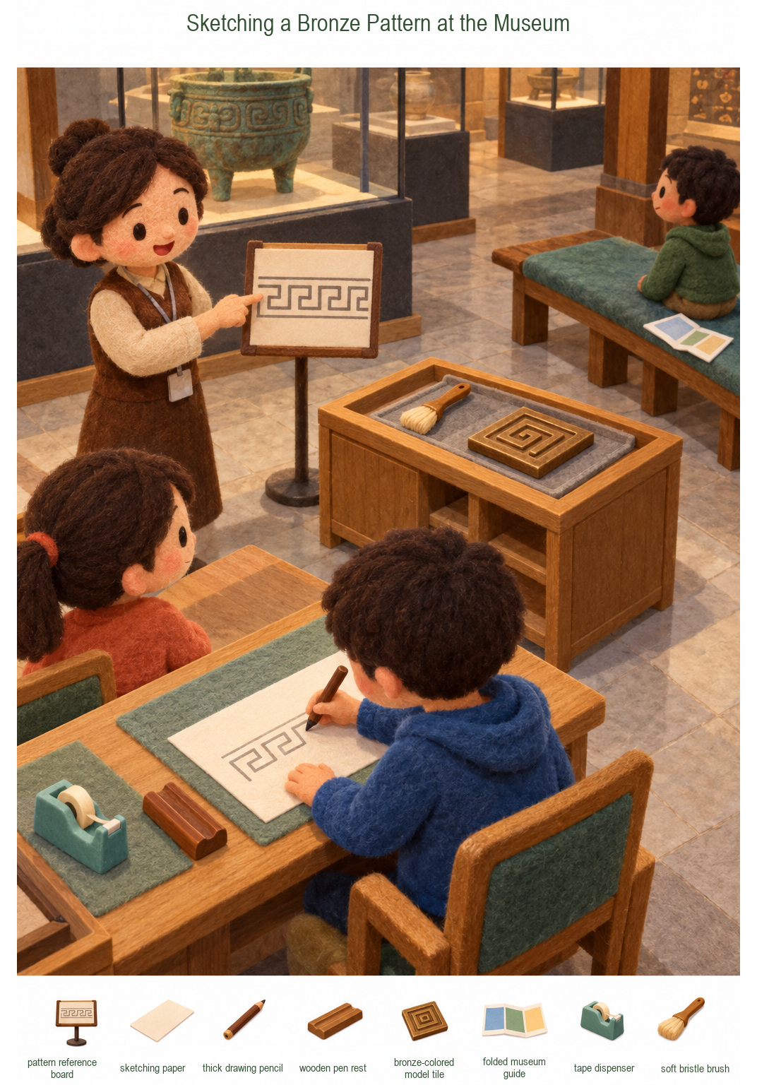 Sketching a Bronze Pattern at the Museum – full-color hidden picture puzzle with 8 objects to find