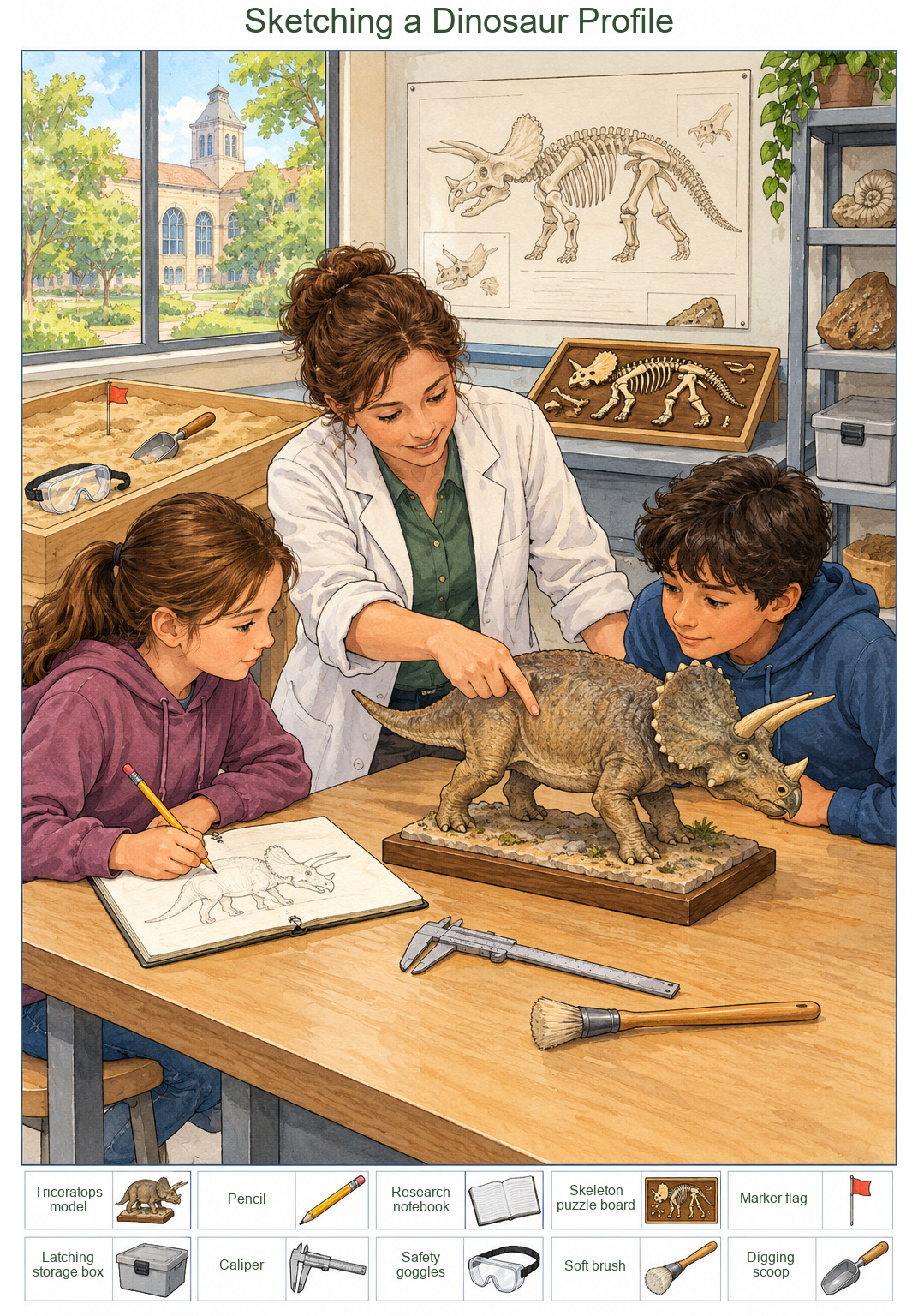 Sketching a Dinosaur Profile – full-color hidden picture puzzle with 10 objects to find