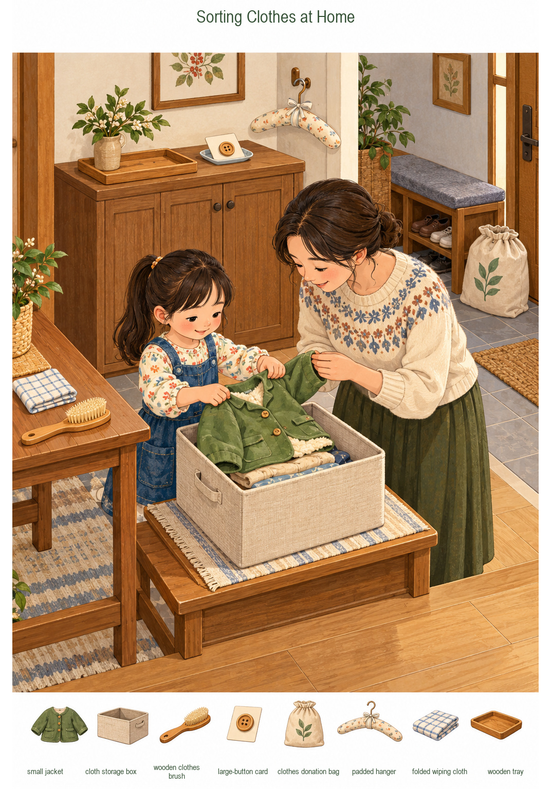 Sorting Clothes at Home – full-color hidden picture puzzle with 8 objects to find