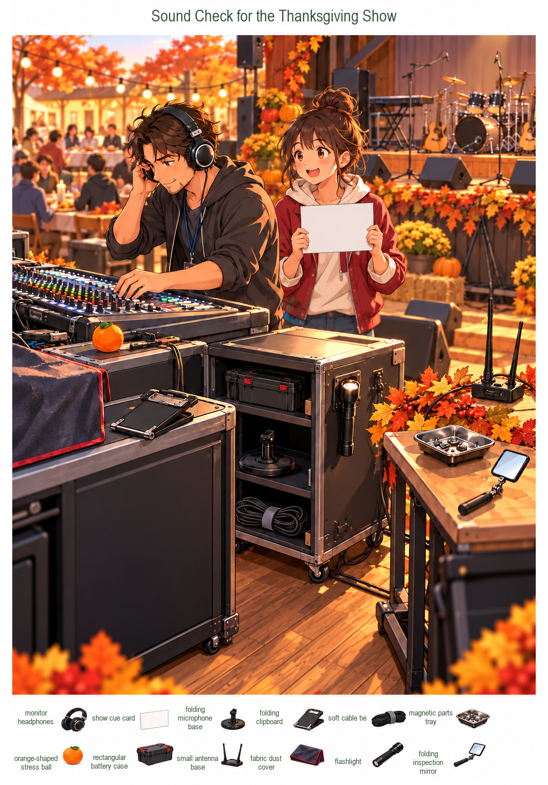 Sound Check for the Thanksgiving Show – full-color hidden picture puzzle with 12 objects to find