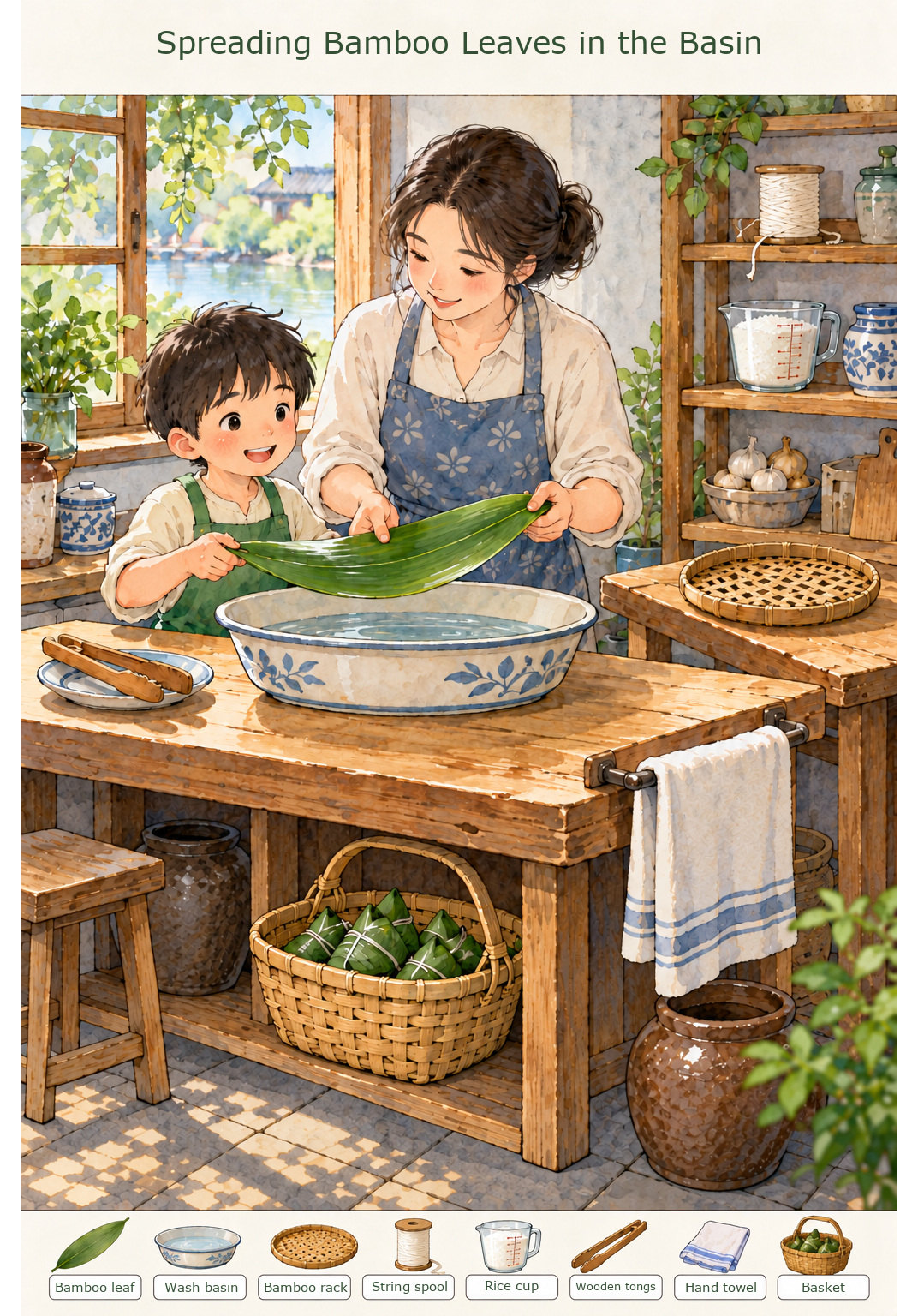 Spreading Bamboo Leaves in the Basin – full-color hidden picture puzzle with 8 objects to find