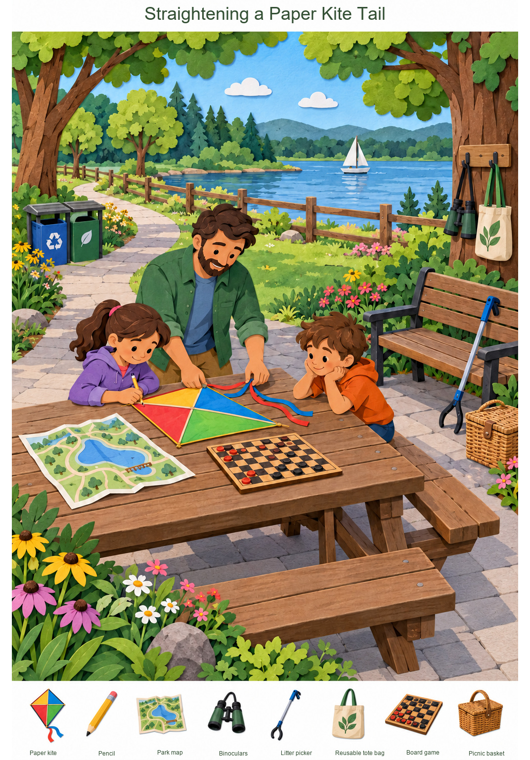 Straightening a Paper Kite Tail – full-color hidden picture puzzle with 8 objects to find