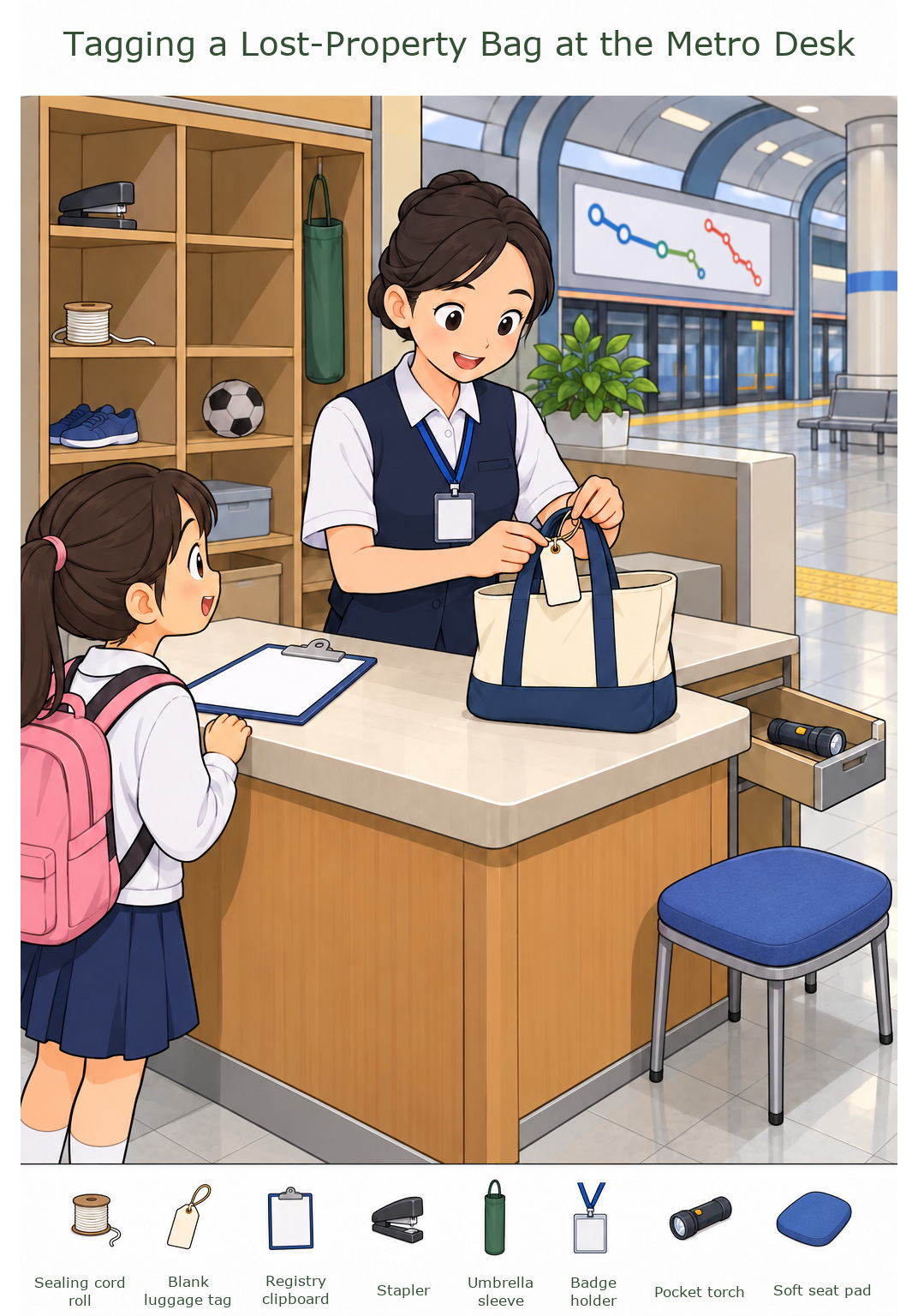 Tagging a Lost-Property Bag at the Metro Desk – full-color hidden picture puzzle with 8 objects to find