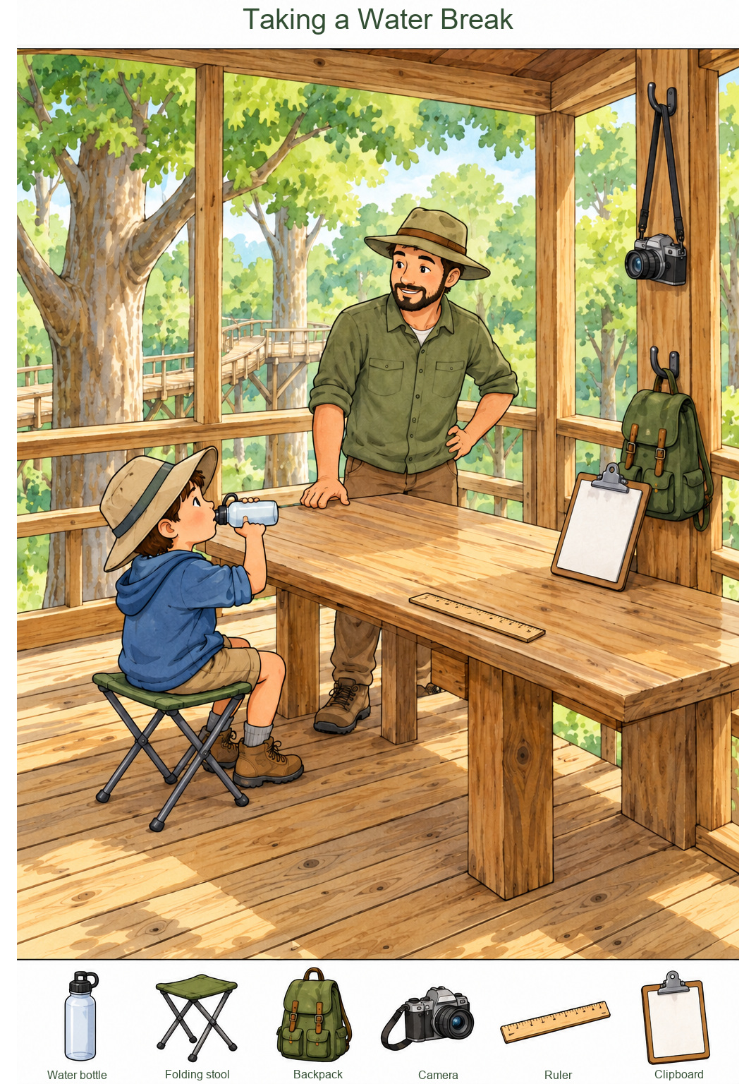 Taking a Water Break – full-color hidden picture puzzle with 6 objects to find