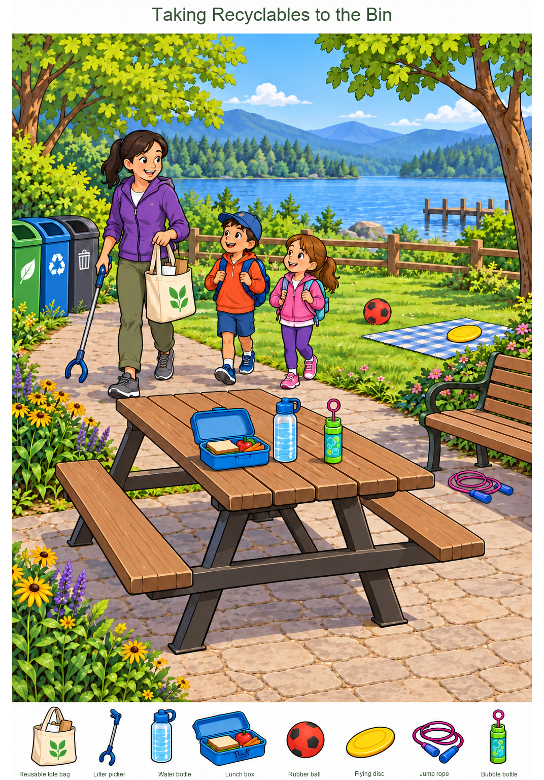 Taking Recyclables to the Bin – full-color hidden picture puzzle with 8 objects to find