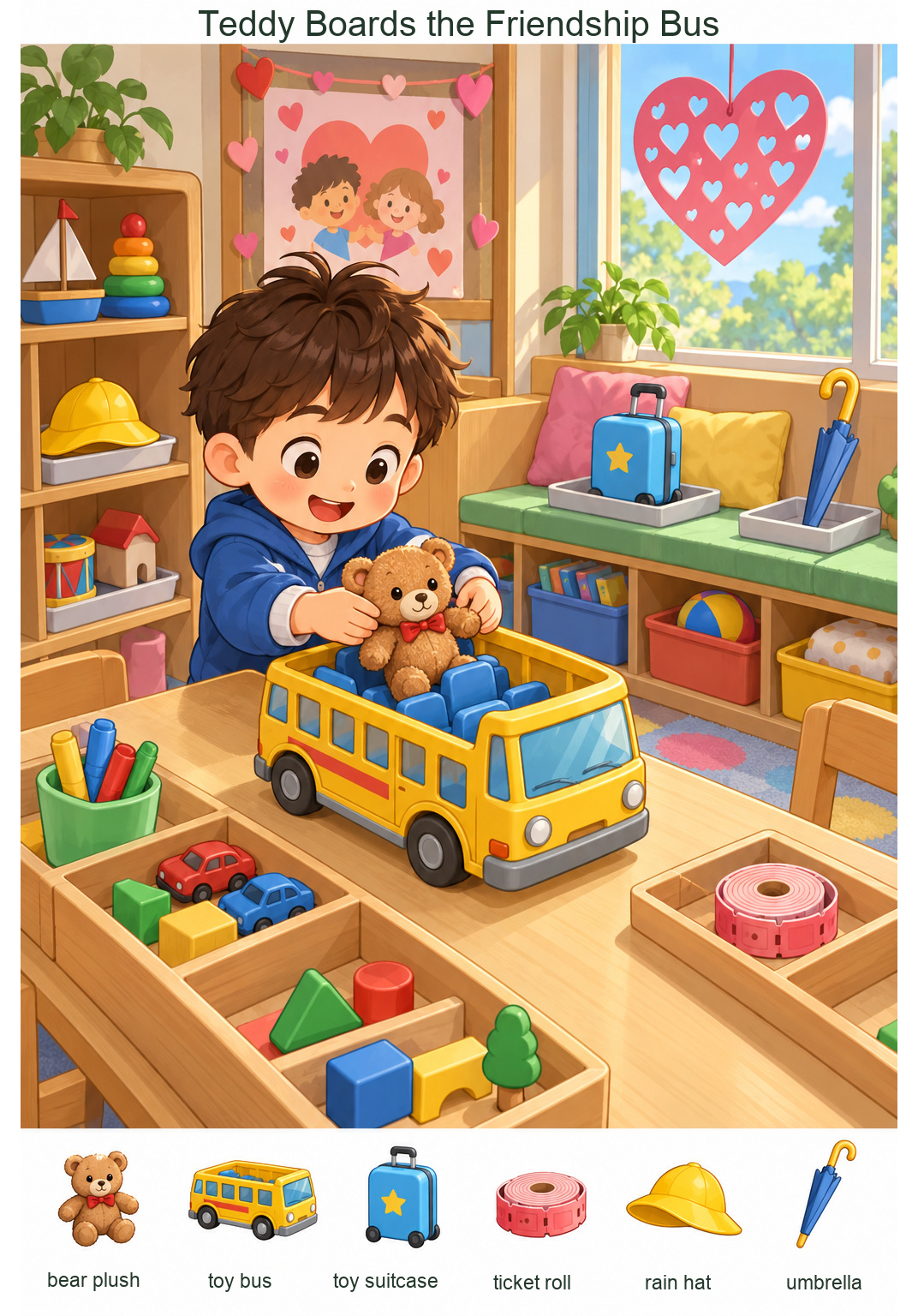 Teddy Boards the Friendship Bus – full-color hidden picture puzzle with 6 objects to find