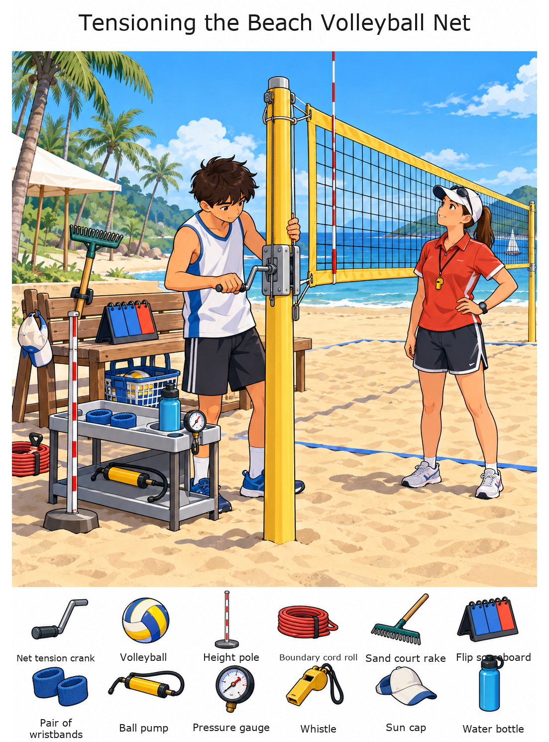Tensioning the Beach Volleyball Net – full-color hidden picture puzzle with 12 objects to find
