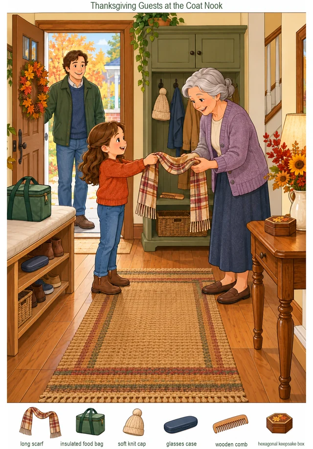 Thanksgiving Guests at the Coat Nook colorful hidden picture puzzle preview