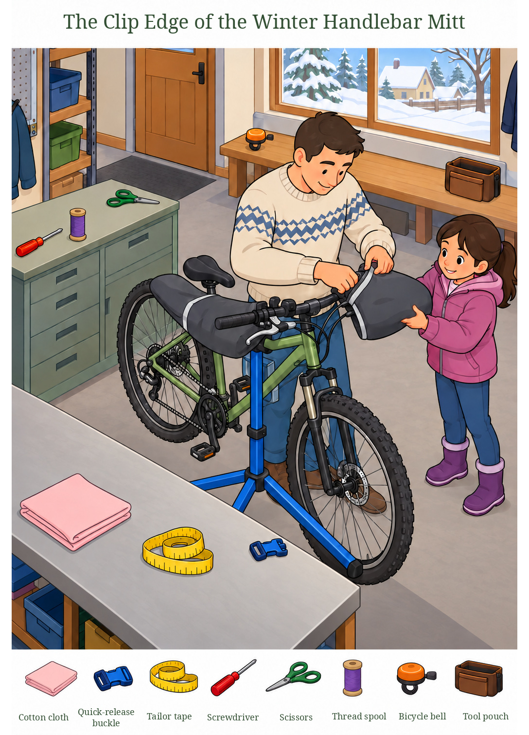 The Clip Edge of the Winter Handlebar Mitt – full-color hidden picture puzzle with 8 objects to find