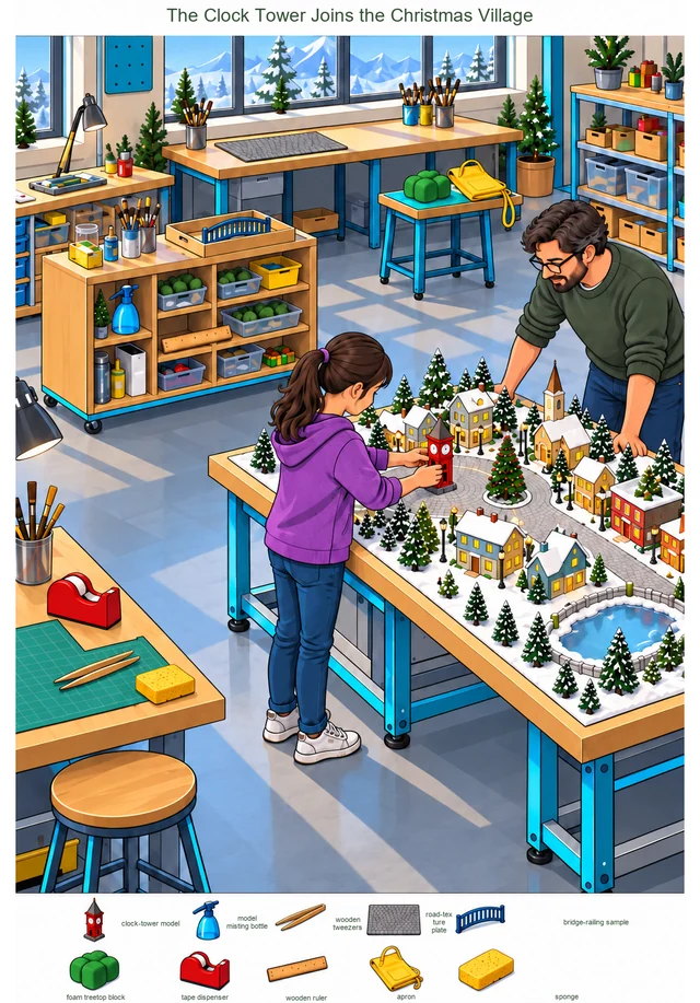 The Clock Tower Joins the Christmas Village colorful hidden picture puzzle preview