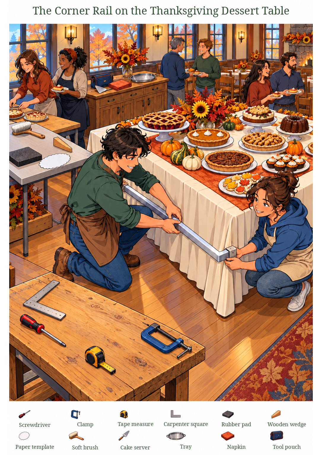 The Corner Rail on the Thanksgiving Dessert Table – full-color hidden picture puzzle with 12 objects to find