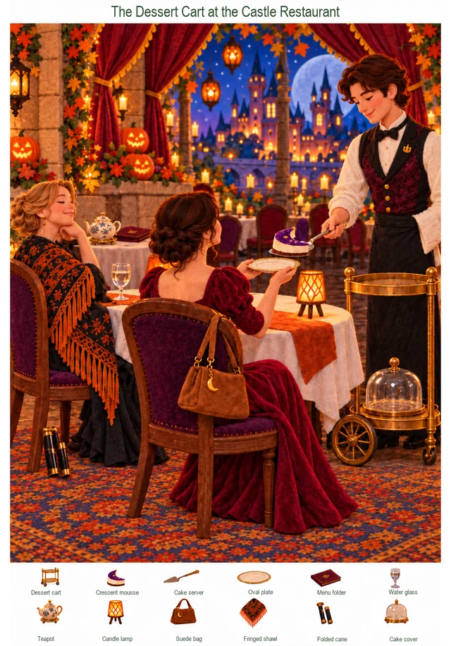 The Dessert Cart at the Castle Restaurant colorful hidden picture puzzle preview
