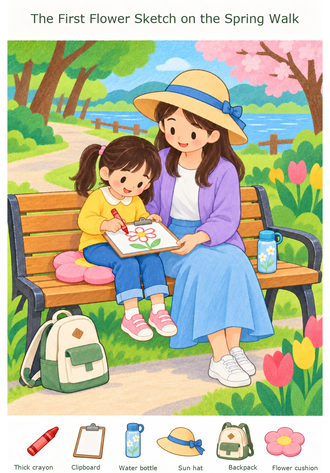 The First Flower Sketch on the Spring Walk – full-color hidden picture puzzle with 6 objects to find