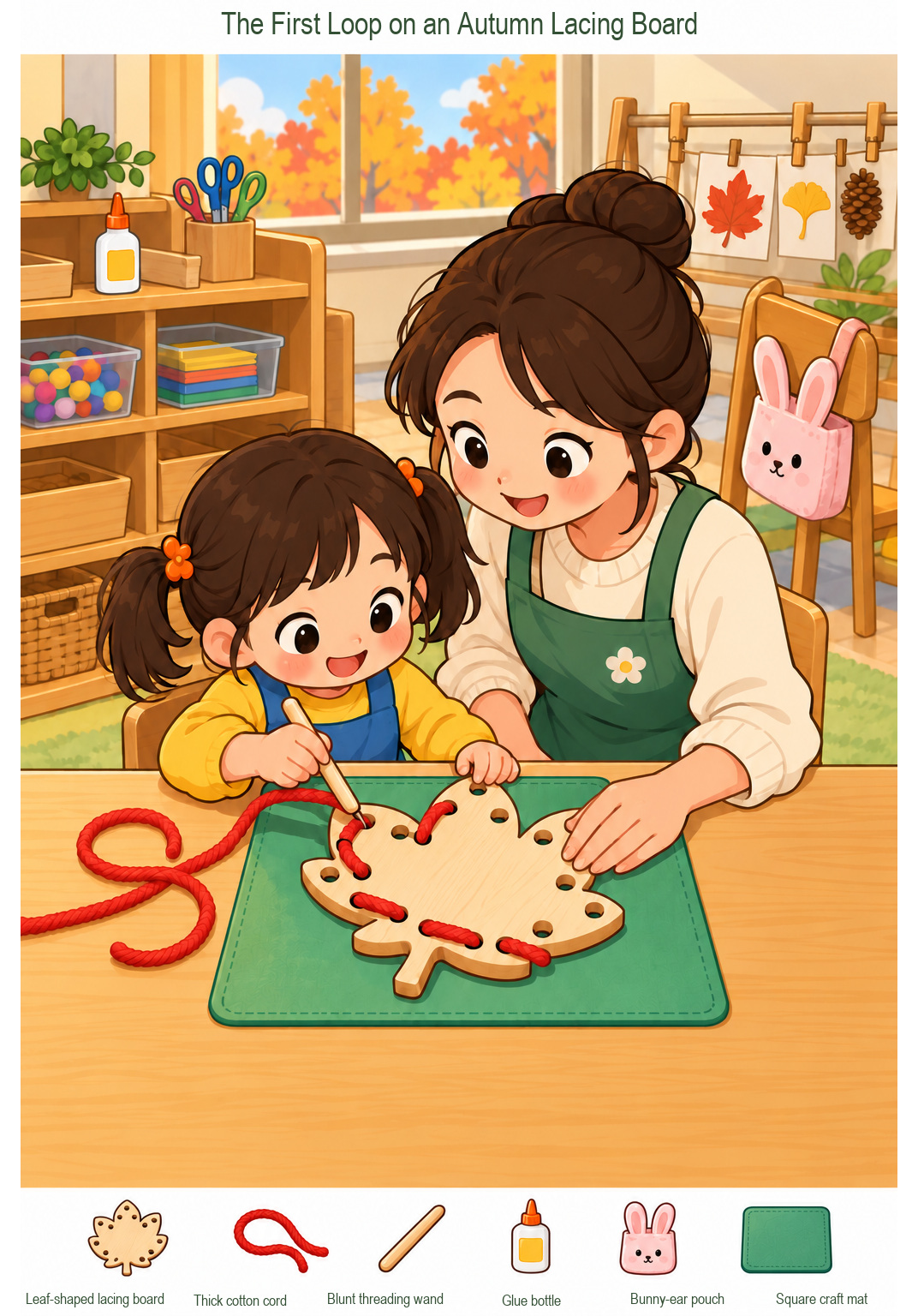 The First Loop on an Autumn Lacing Board – full-color hidden picture puzzle with 6 objects to find