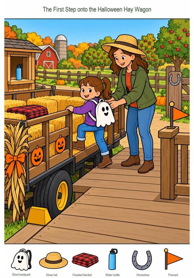 The First Step onto the Halloween Hay Wagon colorful hidden picture puzzle preview