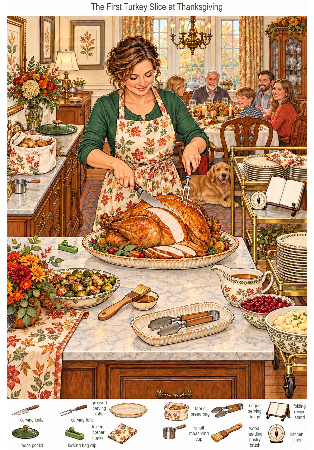 The First Turkey Slice at Thanksgiving – full-color hidden picture puzzle with 12 objects to find