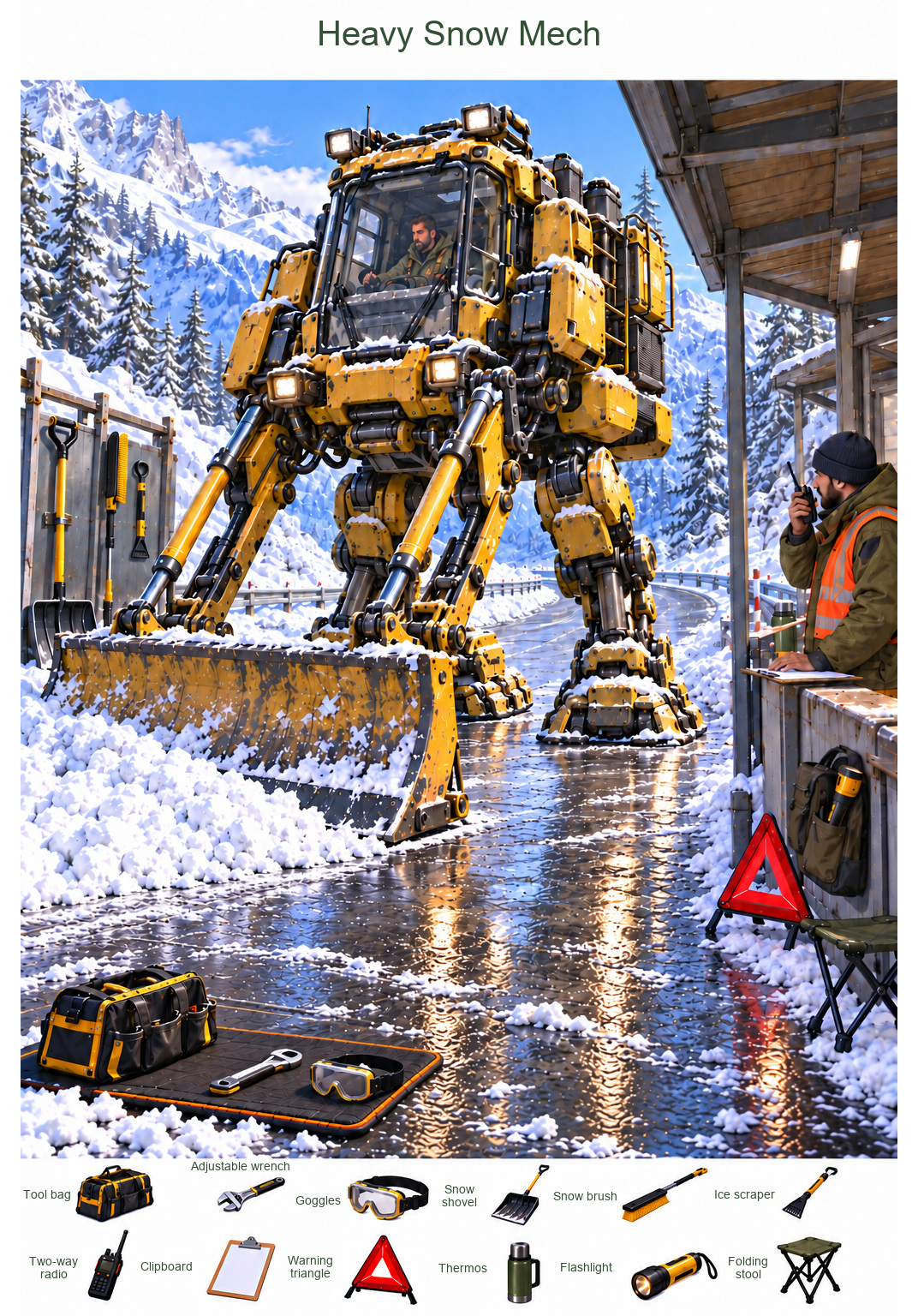 The Heavy Snow Mech Clears the Service Road – full-color hidden picture puzzle with 12 objects to find