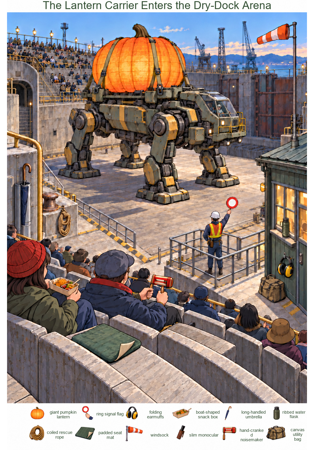 The Lantern Carrier Enters the Dry-Dock Arena – full-color hidden picture puzzle with 12 objects to find