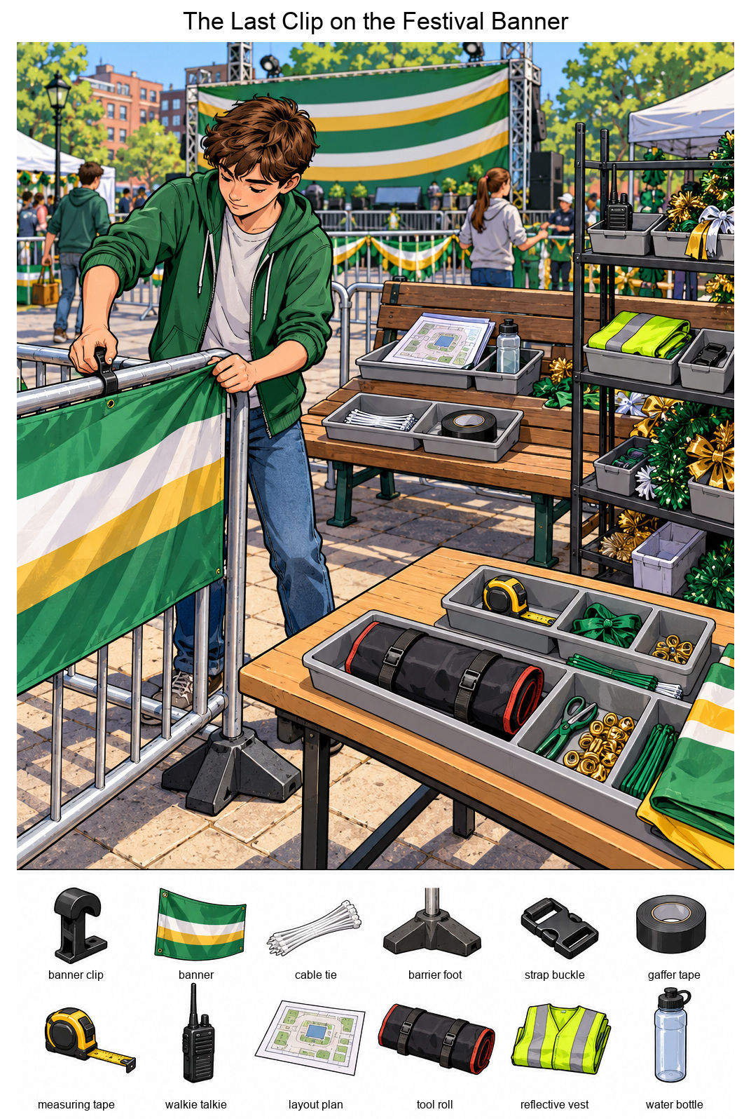 The Last Clip on the Festival Banner – full-color hidden picture puzzle with 12 objects to find