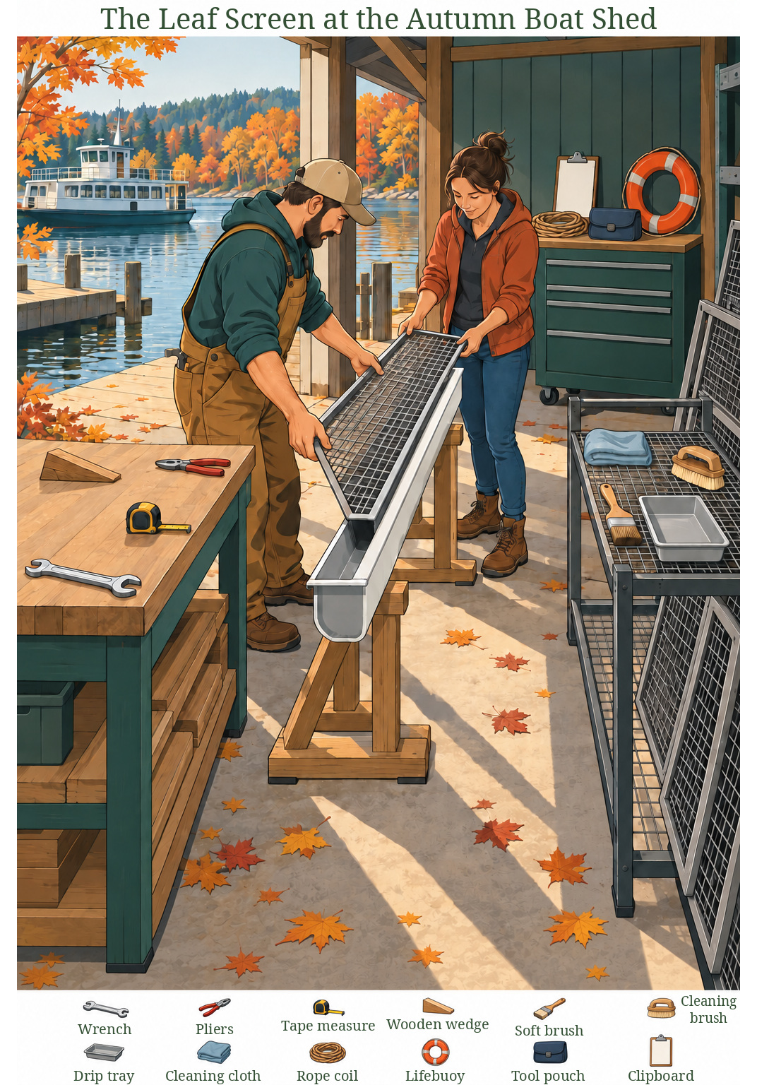 The Leaf Screen at the Autumn Boat Shed – full-color hidden picture puzzle with 12 objects to find