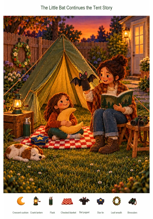 The Little Bat Continues the Tent Story colorful hidden picture puzzle preview
