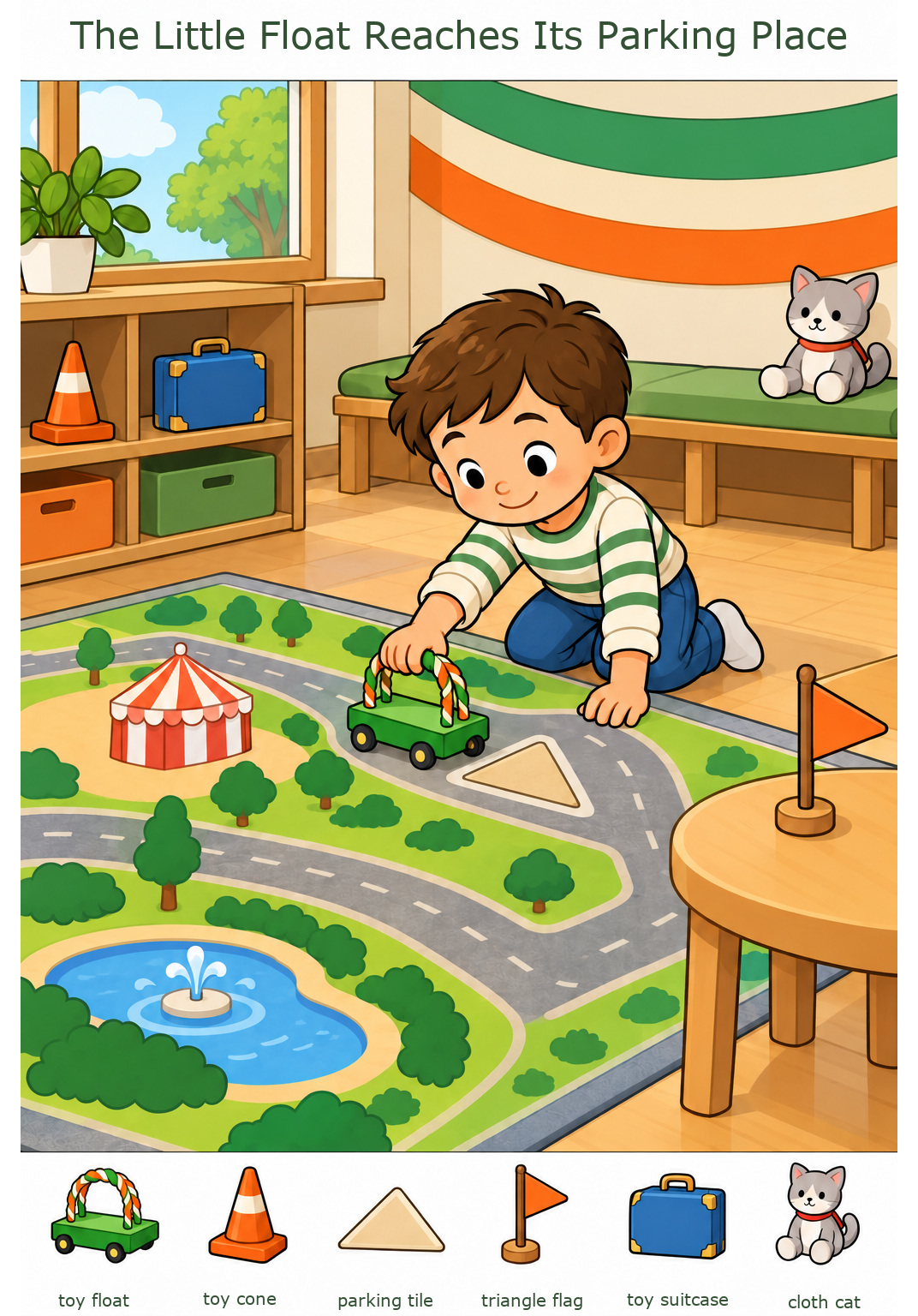 The Little Float Reaches Its Parking Place – full-color hidden picture puzzle with 6 objects to find