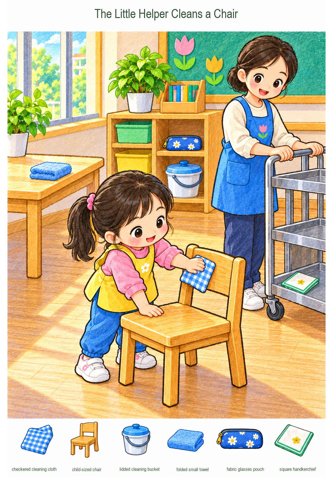The Little Helper Cleans a Chair – full-color hidden picture puzzle with 6 objects to find