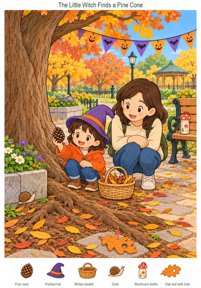 The Little Witch Finds a Pine Cone colorful hidden picture puzzle preview