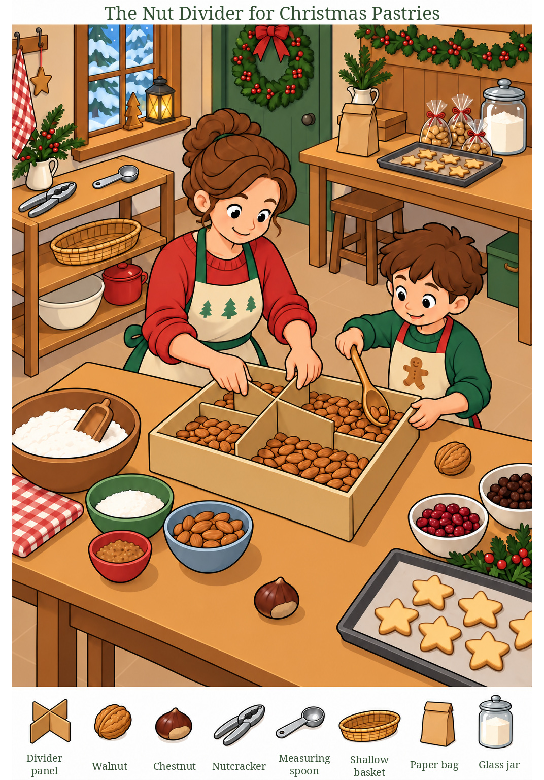 The Nut Divider for Christmas Pastries – full-color hidden picture puzzle with 8 objects to find