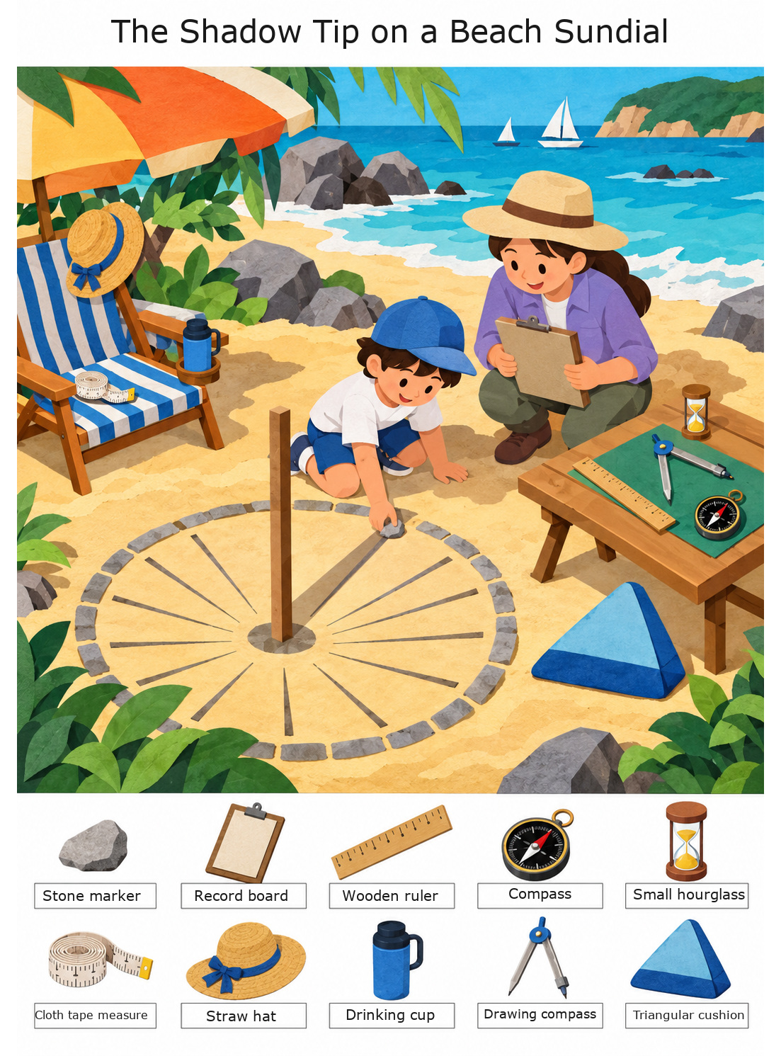The Shadow Tip on a Beach Sundial – full-color hidden picture puzzle with 10 objects to find