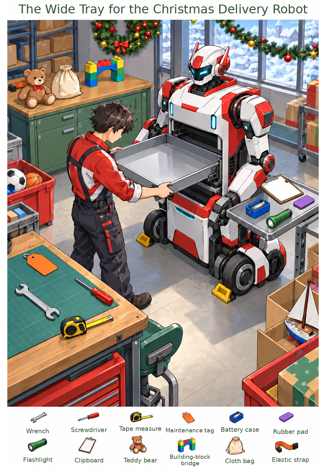 The Wide Tray for the Christmas Delivery Robot – full-color hidden picture puzzle with 12 objects to find