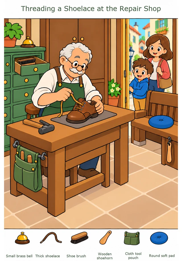 Threading a Shoelace at the Repair Shop colorful hidden picture puzzle preview