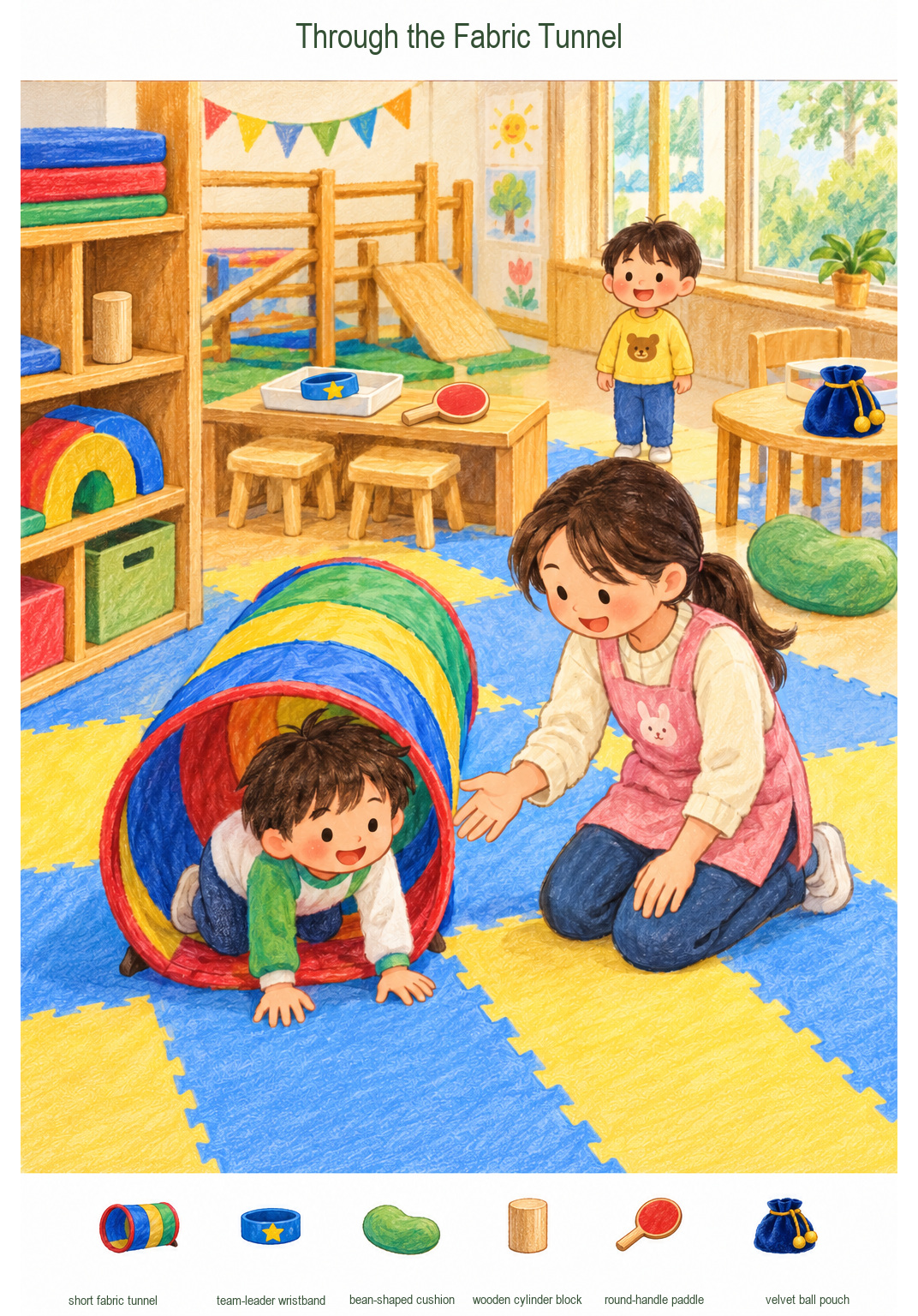 Through the Fabric Tunnel – full-color hidden picture puzzle with 6 objects to find