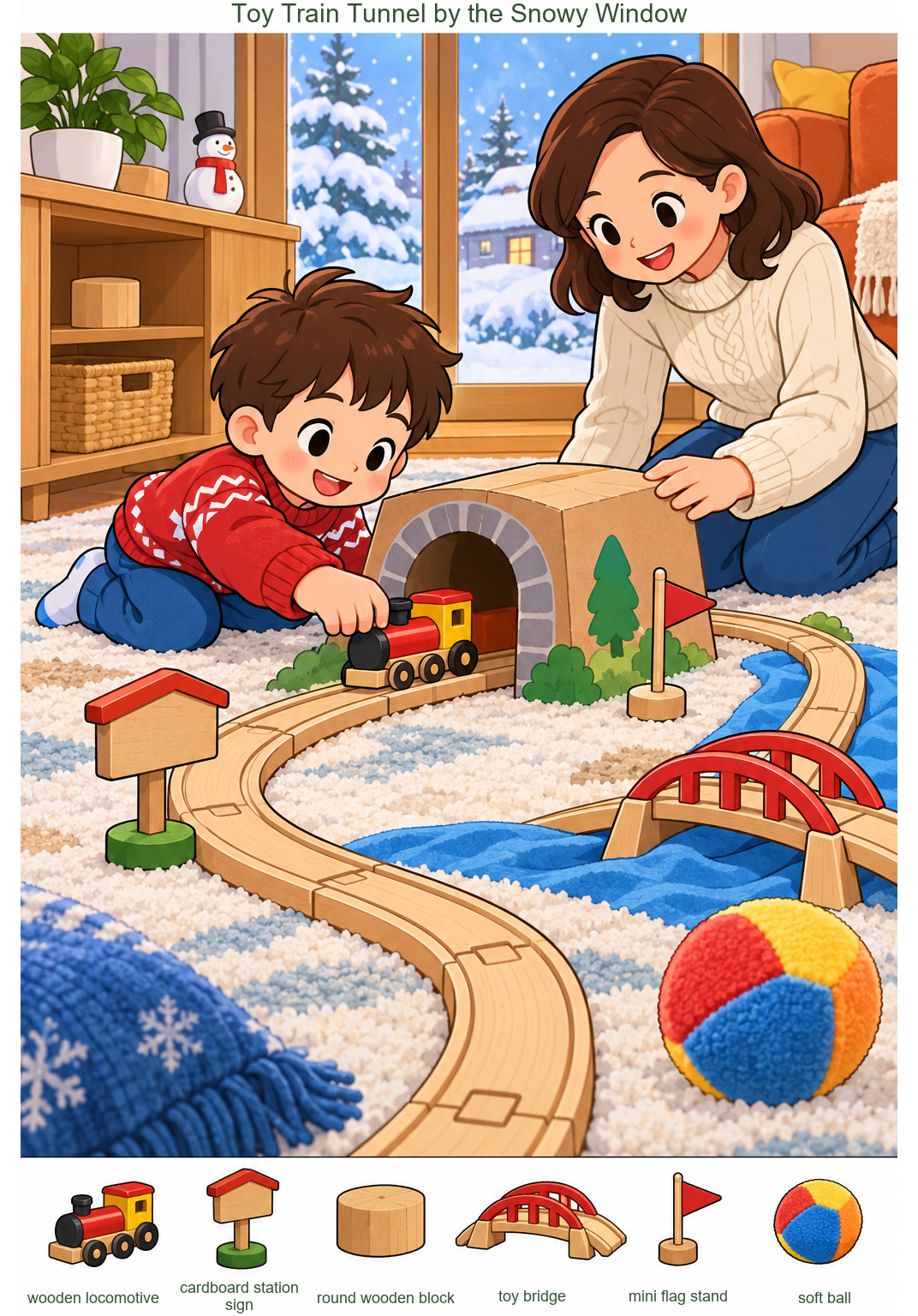 Toy Train Tunnel by the Snowy Window – full-color hidden picture puzzle with 6 objects to find