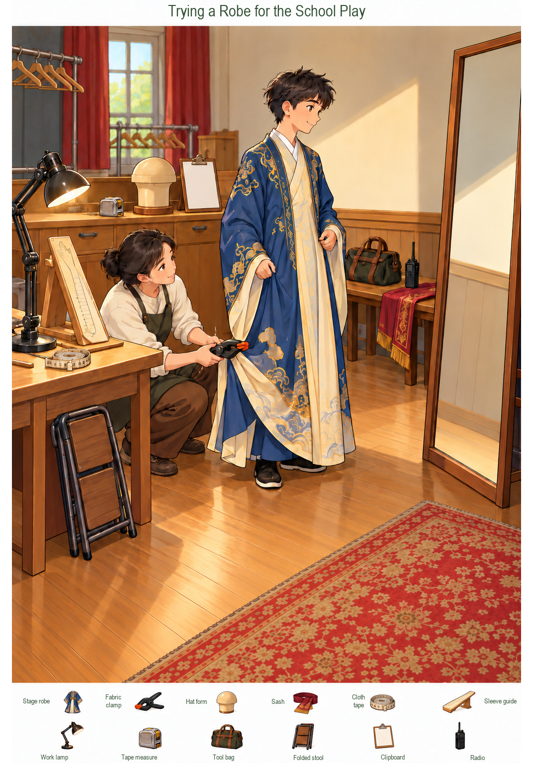 Trying a Robe for the School Play – full-color hidden picture puzzle with 12 objects to find