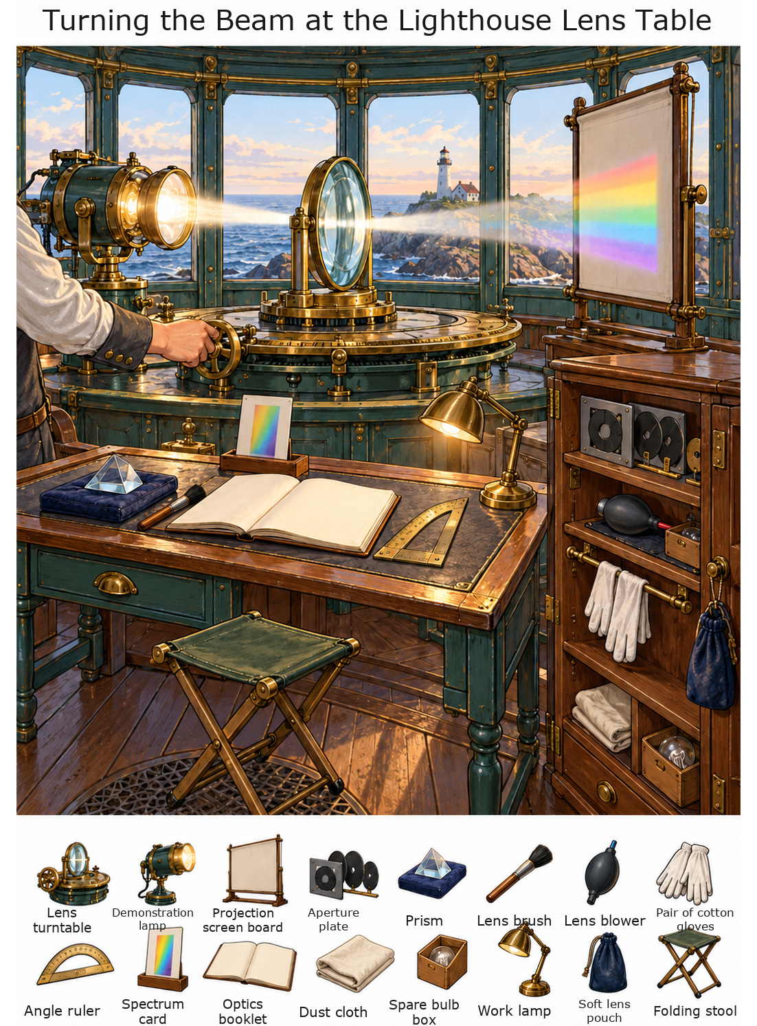 Turning the Beam at the Lighthouse Lens Table – full-color hidden picture puzzle with 16 objects to find
