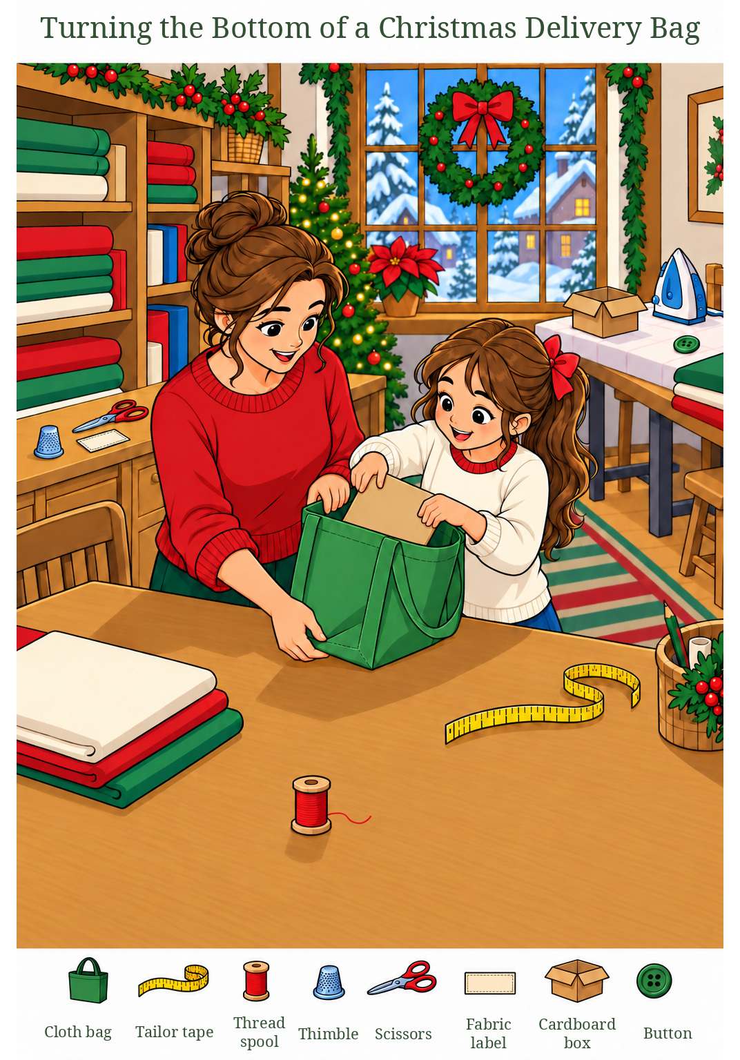 Turning the Bottom of a Christmas Delivery Bag – full-color hidden picture puzzle with 8 objects to find